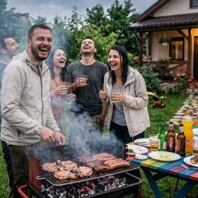 Petrecerea în grădină când vine ploaia de după-amiaza vara