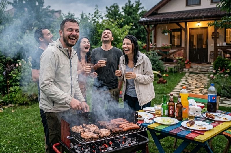 Petrecerea în grădină când vine ploaia de după-amiaza vara