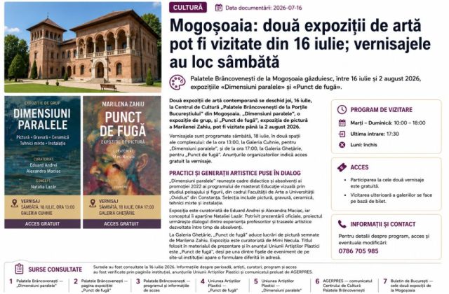 Mogoșoaia - Două expoziții de artă pot fi vizitate din 16 iulie - vernisajele au loc sâmbătă