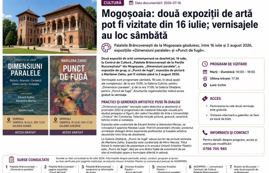 Mogoșoaia - Două expoziții de artă pot fi vizitate din 16 iulie - vernisajele au loc sâmbătă